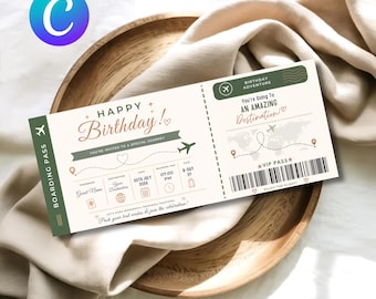 Verrassing verjaardag reiskaartsjabloon, afdrukbare instapkaart uitnodiging, aangepaste concertkaartje cadeaubon, bewerkbare canva download