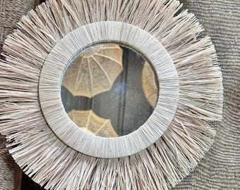 Specchio rotondo in rafia fatto a mano – Decorazione murale intrecciata in stile marocchino, boho e costiero