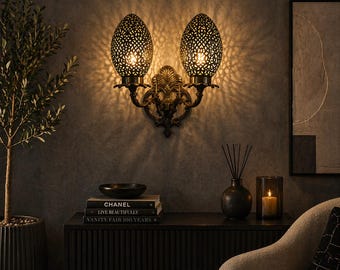 Aplique de pared doble de latón hecho a mano en Marruecos