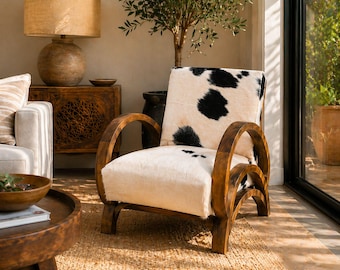 Handmade Cowhide Accent Chair ,Solid Wood Armchair
