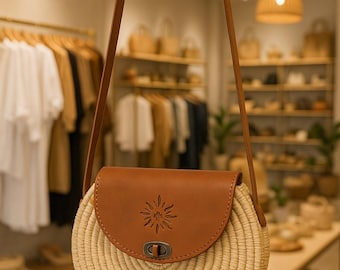 Handwoven Palm Leaf Crossbody Bag with Leather Flap | Moroccan Boho Shoulder Bag