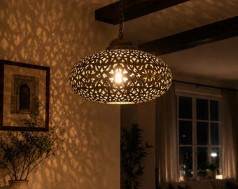 Handgefertigte Marokkanische Messing Pendelleuchte - Filigrane Scheibenleuchter, Arabeske Deckenlampe