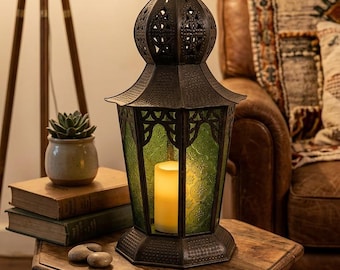 Handmade Moroccan Iron Lantern – Green Embossed Glass, Rustic Boho Candle Holder