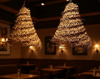 2 Handwoven Straw Pendant Light — Artisanal Boho Hanging Lamp   ( set of 2)