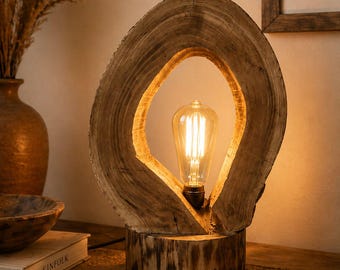 Lámpara de mesa de madera natural hecha a mano – Lámpara de mesita de noche de madera orgánica