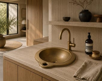 Handmade Moroccan Brass Sink — Round Hammered Drop-In Basin - Artisanal Copper Vessel Sink