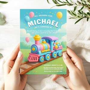 Train Birthday Invitation | All Aboard Building Blocks Party Invite | Kids Printable Template | Editable Canva  Mobile & Print