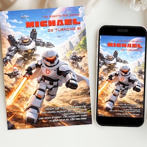 May include: A birthday invitation with a futuristic robot theme. The invitation reads "MICHAEL IS TURNING 6!" and includes details for the party. A smartphone displays the same design. The background features robots and a landscape.