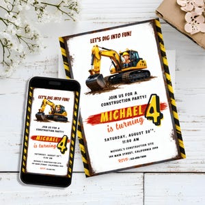 Invitación de cumpleaños con temática de construcción, invitación para fiesta de construcción para niño, invitación de excavadora para niños, plantilla de Canva para cumpleaños con temática de constructores, impresión y móvil.