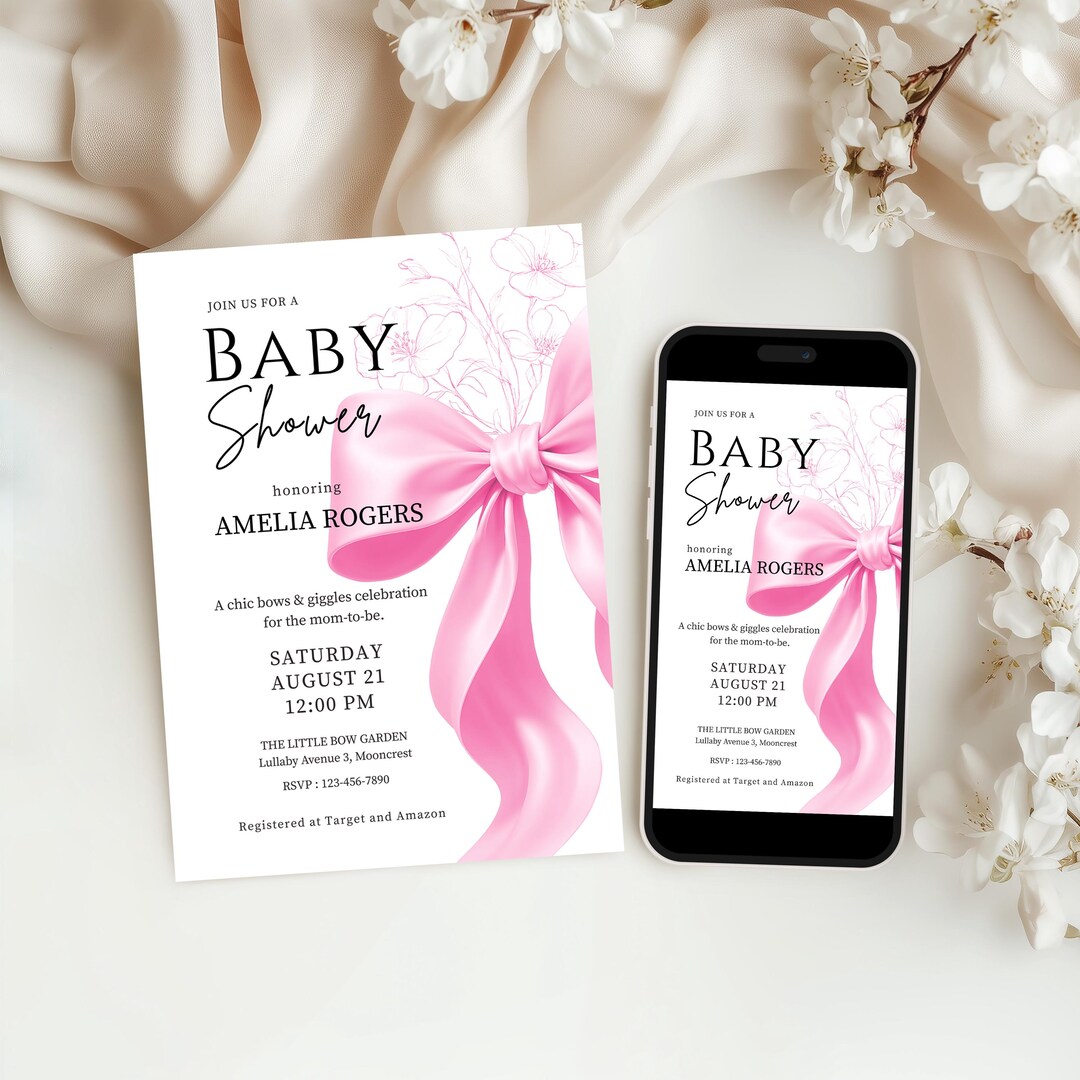 Pink Bow Baby Shower Invitation Template, Baby Girl Party, Printable ...