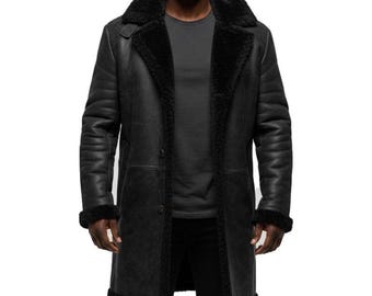 Men Luxury Shearling Leather Coat  Long Fur Collar Winter Trench Jacket Vintage Black coat