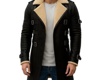 Men Luxury Shearling Leather Coat  Long Fur Collar Winter Trench Jacket Vintage Black coat
