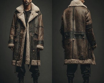Men Luxury Shearling Leather Coat  Long Fur Collar Winter Trench Jacket Vintage Brown coat