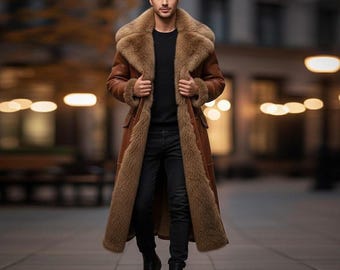 Men Luxury Shearling Leather Coat  Long Fur Collar Winter Trench Jacket Vintage Brown coat