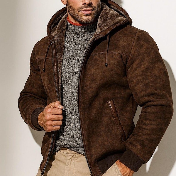 Sleek Brown Suede Zipper Jacket with Utility Pockets