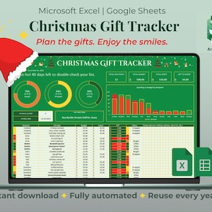 May include: A laptop displays a Christmas Gift Tracker spreadsheet with a festive red and green color scheme. The screen shows charts, graphs, and a gift list. A Santa hat graphic is in the upper left corner. Text on the screen reads "Christmas Gift Tracker".