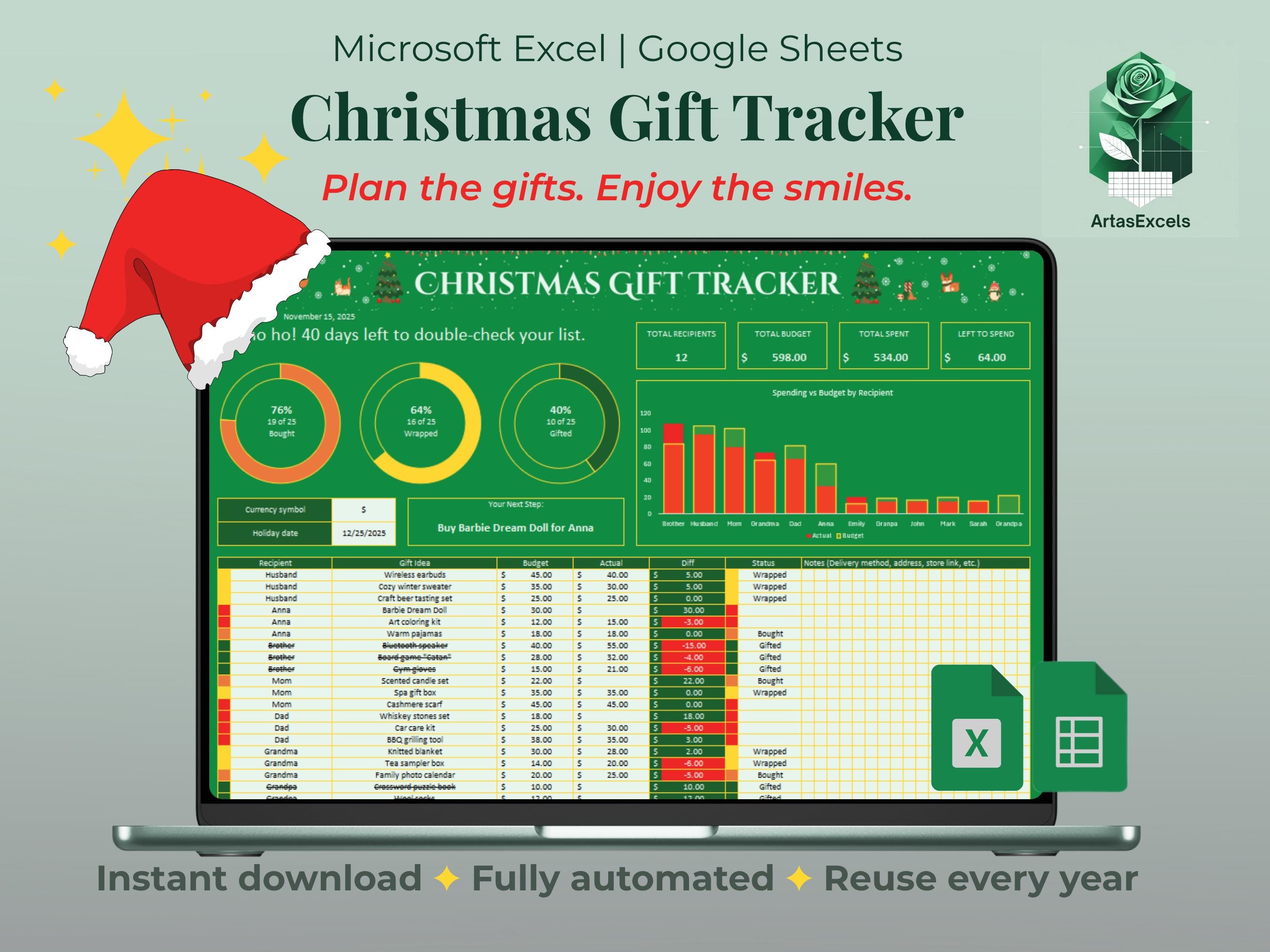 Christmas Gift Tracker Spreadsheet Excel Template – Excel & Google ...