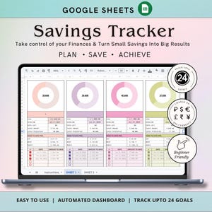 May include: A digital Google Sheets savings tracker displayed on a laptop screen. The interface features four columns with circular progress charts in peach, purple, pink, and green, alongside financial data tables for tracking goals and savings.