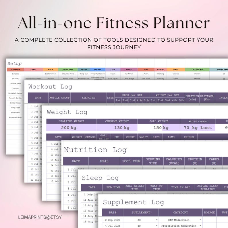 Ultimat träningsplanerare Kalkylblad Viktminskningsspårare Näringslogg Styrkelyftningsträning Pilates Träningsspårare Google Sheets bild 2