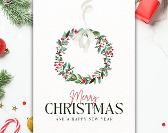 Floral Wreath Christmas Card, Watercolor Holiday Greetings, Digital Download