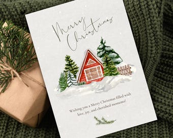 Snowy Cabin Watercolor Design| Printable Christmas Card| Holiday Greetings card| Instant Download