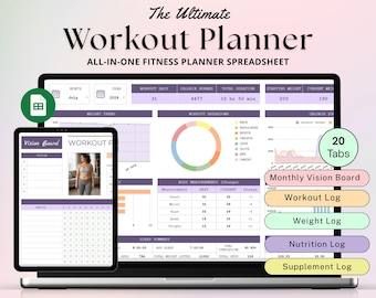 Ultimat träningsplanerare Kalkylblad Viktminskningsspårare Näringslogg Styrkelyftningsträning Pilates Träningsspårare Google Sheets