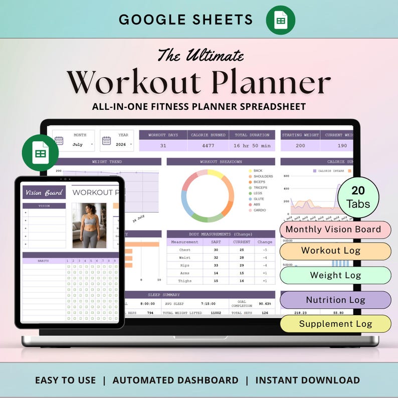 Ultimat träningsplanerare Kalkylblad Viktminskningsspårare Näringslogg Styrkelyftningsträning Pilates Träningsspårare Google Sheets bild 1