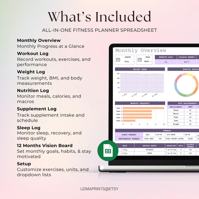 Ultimat träningsplanerare Kalkylblad Viktminskningsspårare Näringslogg Styrkelyftningsträning Pilates Träningsspårare Google Sheets bild 3
