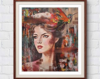 May include: A framed portrait of a woman with a colourful abstract background. The woman has fair skin, red lips, and a floral headpiece. The artwork is signed and the text "Color Palette by Alina" is at the bottom.