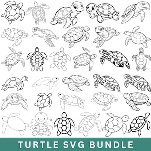 May include: A collection of black and white turtle illustrations in various poses and styles. The image includes the text "TURTLE SVG BUNDLE" at the bottom, perfect for digital design projects.