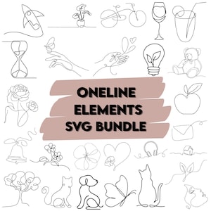 Könnte beinhalten: Eine Sammlung schwarzer Strichzeichnungen, darunter eine Rakete, ein Fahrrad, ein Weinglas, eine Sanduhr, ein Schmetterling, eine Glühbirne, ein Teddybär, ein Apfel und mehr. Der Text "ONELINE ELEMENTS SVG BUNDLE" ist auf hellbraunem Hintergrund zu sehen.