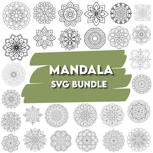 May include: A collection of black and white mandala designs in various floral and geometric patterns. The image includes the text "MANDALA SVG BUNDLE" on a green background, showcasing a variety of intricate, symmetrical illustrations.