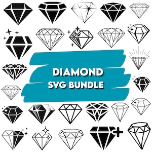 May include: A collection of black and white diamond illustrations in various styles. The text "DIAMOND SVG BUNDLE" is displayed on a teal background. The diamonds have different shapes and sparkle effects.