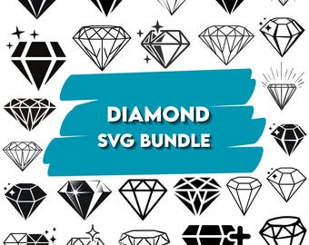 May include: A collection of black and white diamond illustrations in various styles. The text "DIAMOND SVG BUNDLE" is displayed on a teal background. The diamonds have different shapes and sparkle effects.