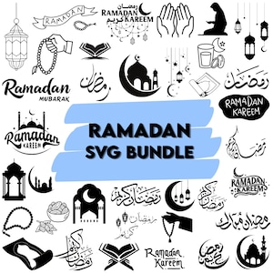 May include: A collection of black and white Ramadan-themed SVG graphics. The designs include mosque silhouettes, crescent moons, prayer beads, lanterns, and calligraphy. The text "Ramadan SVG Bundle" is featured prominently.