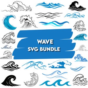 May include: A collection of wave designs in various styles, including black and white line art and blue watercolor effects. The text "WAVE SVG BUNDLE" is displayed on a blue background.
