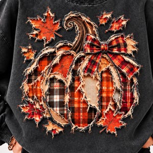 Patchwork Pumpkin PNG, Plaid Fall Pumpkin Design, Ripped Fabric Reverse Applique, Rustic Autumn Sublimation, Thanksgiving DTF PNG