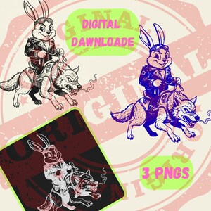 May include: Digital download featuring a cartoon rabbit wearing goggles and a leather jacket, riding a wolf. The rabbit and wolf are in multiple color variations. Text includes "DIGITAL DOWNLOAD" and "3 PNGS".