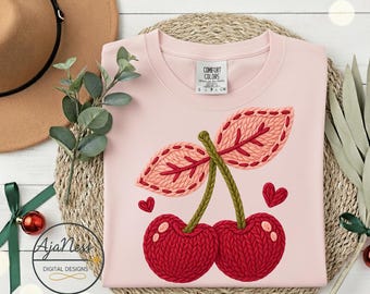 Embroidered Valentine’s Day Cherry PNG – Pink Heart Love Sublimation Design