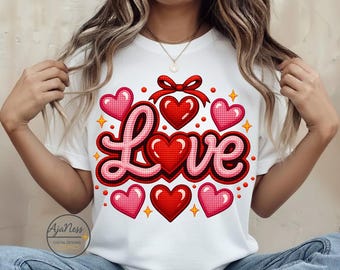 Faux Embroidery Love PNG, Valentine Heart Design, Funny Embroidered Style Clipart, Shirt Sublimation POD Graphic
