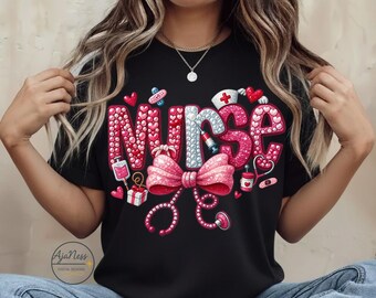 Funny "Nurse" PNG, Bling "Nurse" Bow with Stethoscope, Valentine’s Day Nurse Gift, Sublimation Design, Digital Download