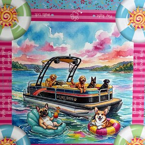 May include: A rectangular game mat featuring a watercolor illustration of a pontoon boat labeled Lake Days with several dogs on board. A French Bulldog and a Corgi float in the water. The border includes sun icons and text like Play Right.