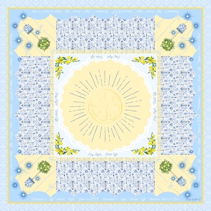 Puede incluir: Dise&ntilde;o cuadrado, azul claro y amarillo con una rodaja de lim&oacute;n en el centro. El dise&ntilde;o incluye patrones florales, acentos de lim&oacute;n y flores, y el texto "Stay Right Walls Left".