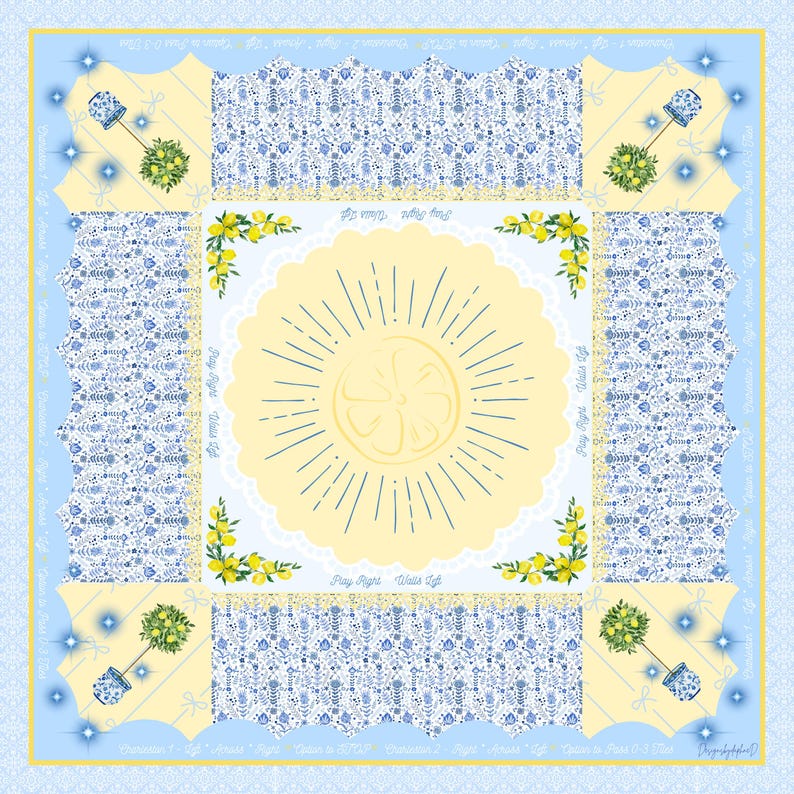 Puede incluir: Dise&ntilde;o cuadrado, azul claro y amarillo con una rodaja de lim&oacute;n en el centro. El dise&ntilde;o incluye patrones florales, acentos de lim&oacute;n y flores, y el texto "Stay Right Walls Left".