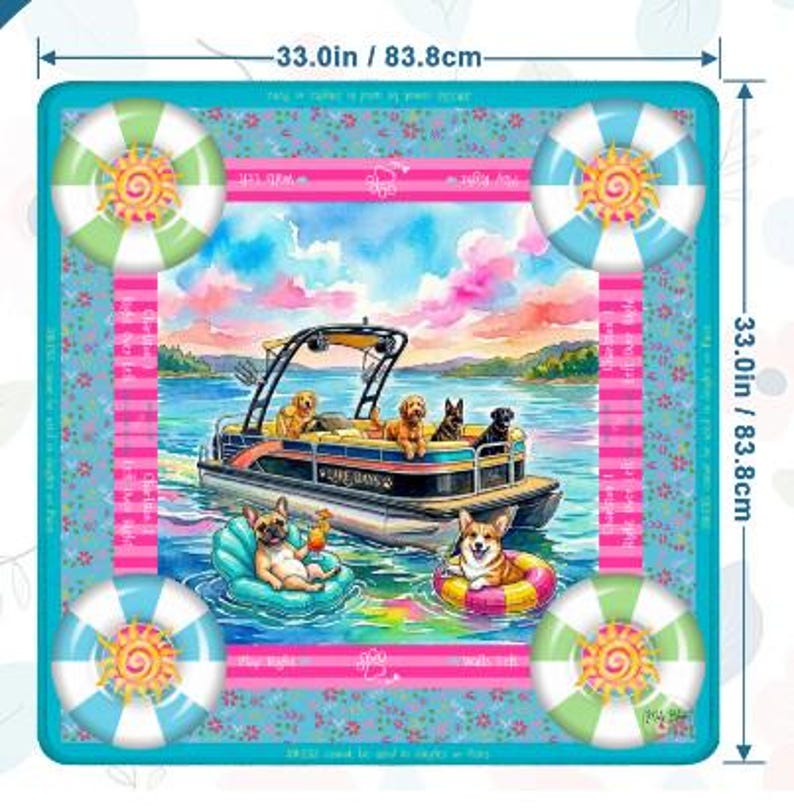 May include: A square fabric panel measuring 33.0 inches by 33.0 inches featuring a central illustration of dogs on a pontoon boat and in inflatable rings on water. The border includes four striped life preservers with sun icons and floral patterns.