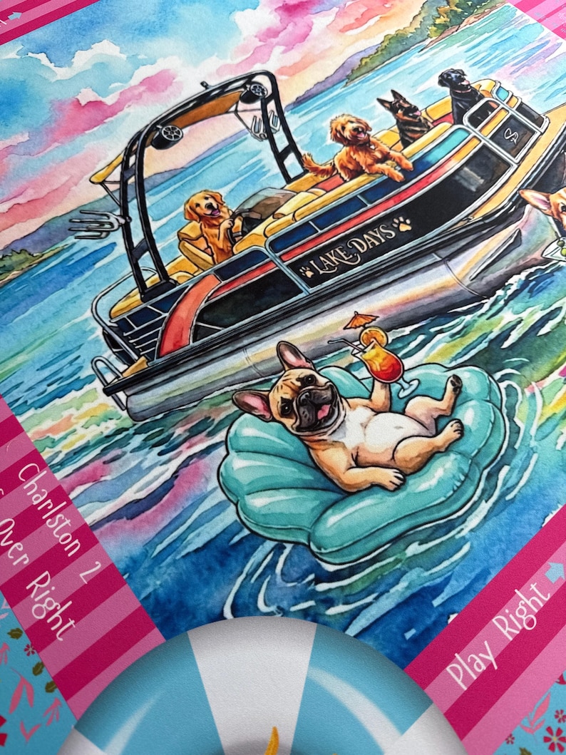 May include: A watercolor illustration featuring a pontoon boat labeled LAKE DAYS with four dogs on board, floating on blue water. In the foreground, a French Bulldog relaxes on a teal shell-shaped pool float while holding a tropical drink.