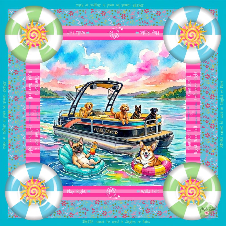 May include: A square fabric panel featuring a central watercolor illustration of a pontoon boat labeled Lake Days with various dog breeds on board and in the water. The border includes four striped life preservers with sun icons and text.