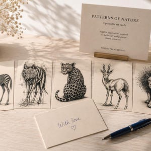 Op de afbeelding: Een set van vijf crèmekleurige kunstkaarten met zwarte inktillustraties van een zebra, wolf, luipaard, gazelle en leeuw. Een grotere kaart toont de tekst PATTERNS OF NATURE en WILDPATTERNSTUDIO. Een klein briefje bevat de tekst With love met een hartje.