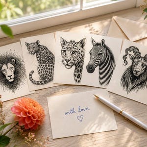 Op de afbeelding: Een verzameling van vijf rechthoekige wenskaarten met gedetailleerde zwarte inktillustraties van een leeuw, luipaard, jachtluipaard, zebra en ram. Eén kaart toont de handgeschreven tekst with love en een hartje, vergezeld door een witte pen.