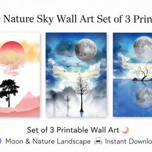 Puede incluir: Un conjunto de tres impresiones artísticas murales con temas de naturaleza y cielo. Las impresiones muestran un sol rojo, una luna llena y un paisaje iluminado por la luna con árboles y agua. El texto dice "Nature Sky Wall Art Set of 3 Prints".